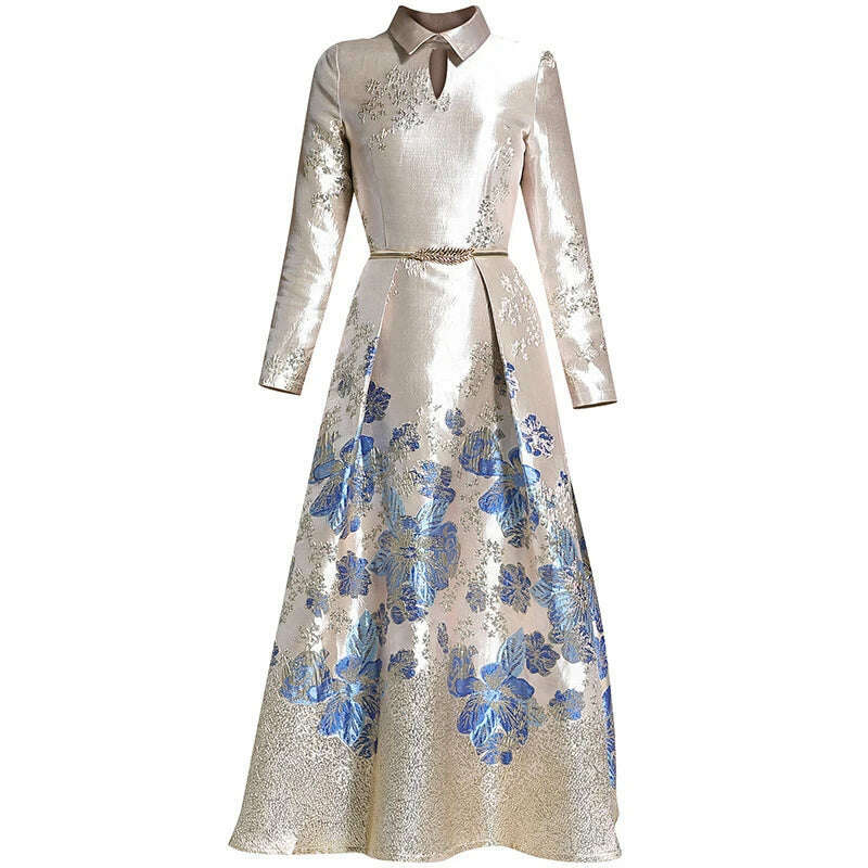 KIMLUD, 2021 Spring Summer Jacquard Dress Brocade England Style Dress Women Long Sleeve Party Evening Clothing Mid-Calf Ball Gown, KIMLUD Womens Clothes