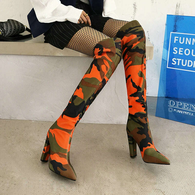 KIMLUD, 2021 Stretch Fabric Women Over the Knee Boots Pointed Toe Square High Heel Women Thigh Boots Slip on Party Ladies Long Boots, Camouflage / 5.5, KIMLUD Women's Clothes