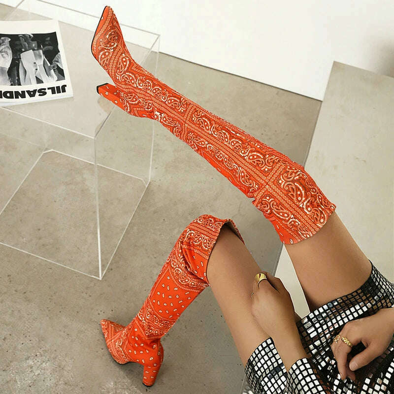 KIMLUD, 2021 Stretch Fabric Women Over the Knee Boots Pointed Toe Square High Heel Women Thigh Boots Slip on Party Ladies Long Boots, Orange / 10.5, KIMLUD Women's Clothes