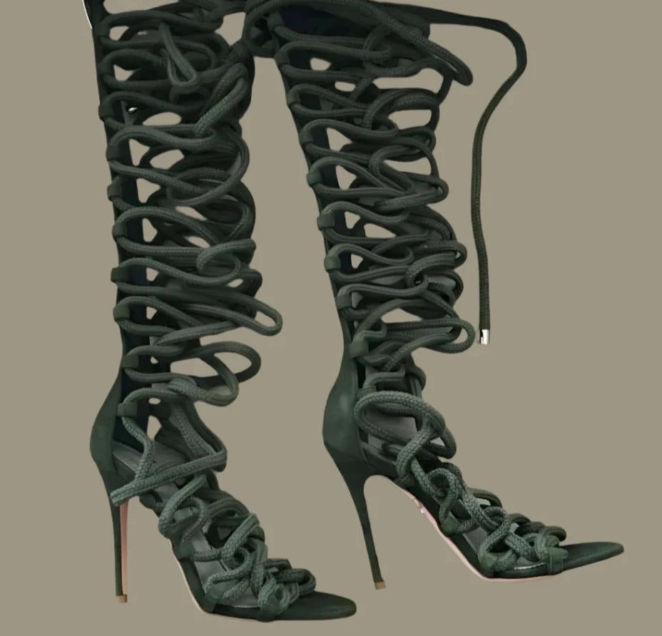 KIMLUD, 2021 Summer Gladiator Rope Sandals Boots Women Roman Open Toe Cross-tied Knee High Boots Femme Beach High Heel Shoes Woman Botas, Black green 12cm / 35, KIMLUD Womens Clothes