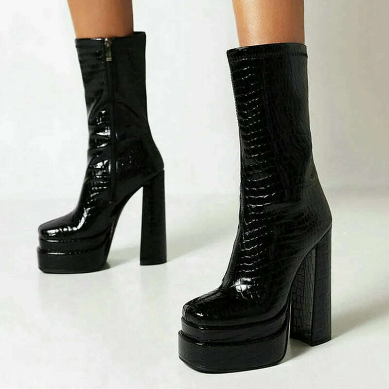 2021 Women Ankle Boots Platform Thick High Heel Ladies Motorcycle Boots Patent PU Leather Zipper Square Toe Women's Boots Black - KIMLUD