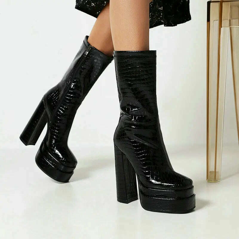 2021 Women Ankle Boots Platform Thick High Heel Ladies Motorcycle Boots Patent PU Leather Zipper Square Toe Women's Boots Black - KIMLUD