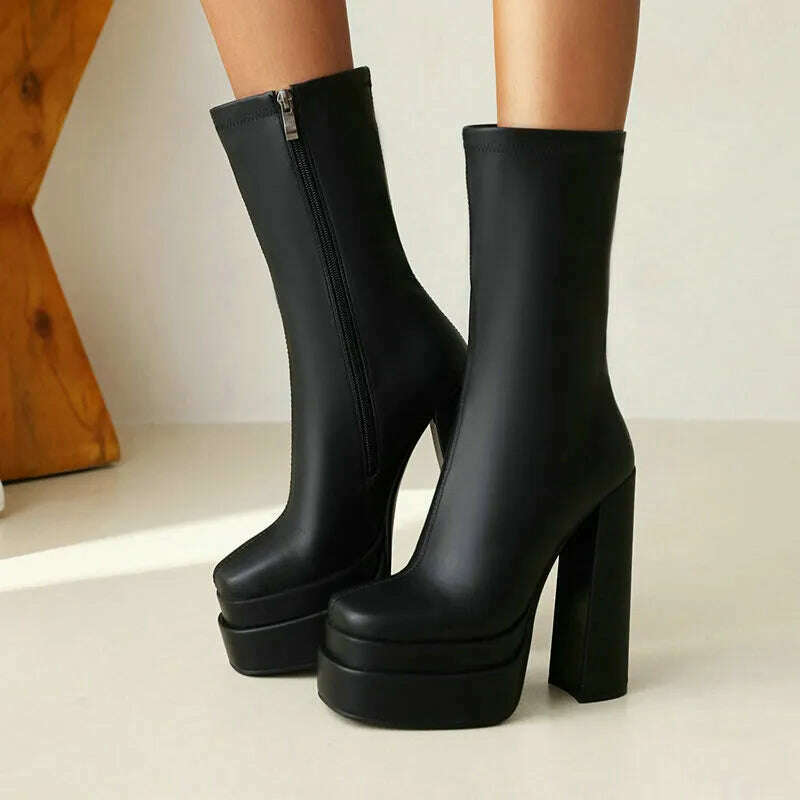 2021 Women Ankle Boots Platform Thick High Heel Ladies Motorcycle Boots Patent PU Leather Zipper Square Toe Women's Boots Black - KIMLUD