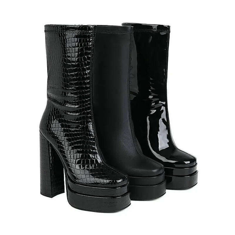 KIMLUD, 2021 Women Ankle Boots Platform Thick High Heel Ladies Motorcycle Boots Patent PU Leather Zipper Square Toe Women's Boots Black, KIMLUD Women's Clothes