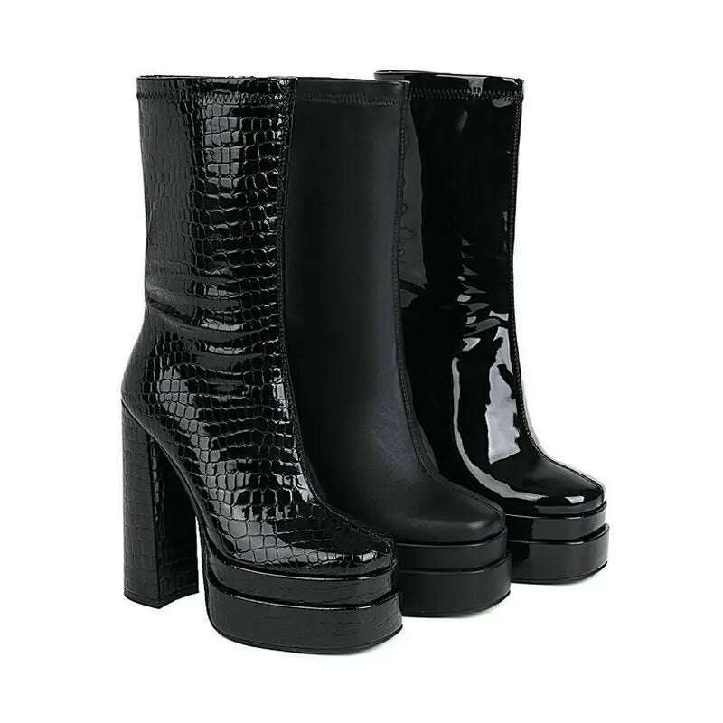 2021 Women Ankle Boots Platform Thick High Heel Ladies Motorcycle Boots Patent PU Leather Zipper Square Toe Women's Boots Black - KIMLUD