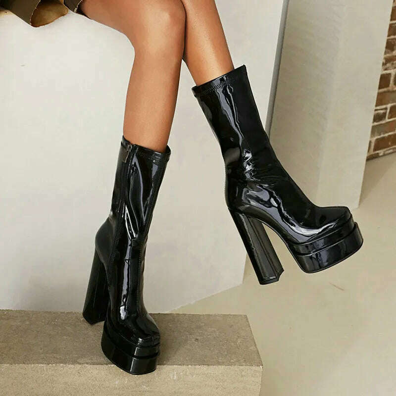 2021 Women Ankle Boots Platform Thick High Heel Ladies Motorcycle Boots Patent PU Leather Zipper Square Toe Women's Boots Black - KIMLUD