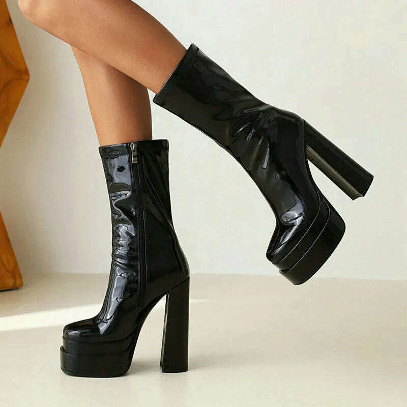 2021 Women Ankle Boots Platform Thick High Heel Ladies Motorcycle Boots Patent PU Leather Zipper Square Toe Women's Boots Black - KIMLUD