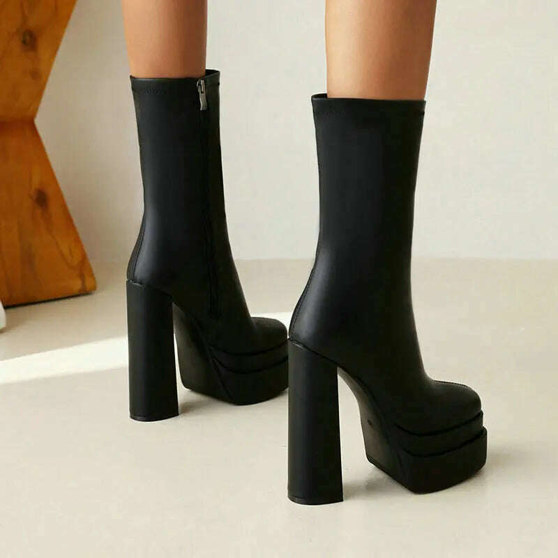 2021 Women Ankle Boots Platform Thick High Heel Ladies Motorcycle Boots Patent PU Leather Zipper Square Toe Women's Boots Black - KIMLUD