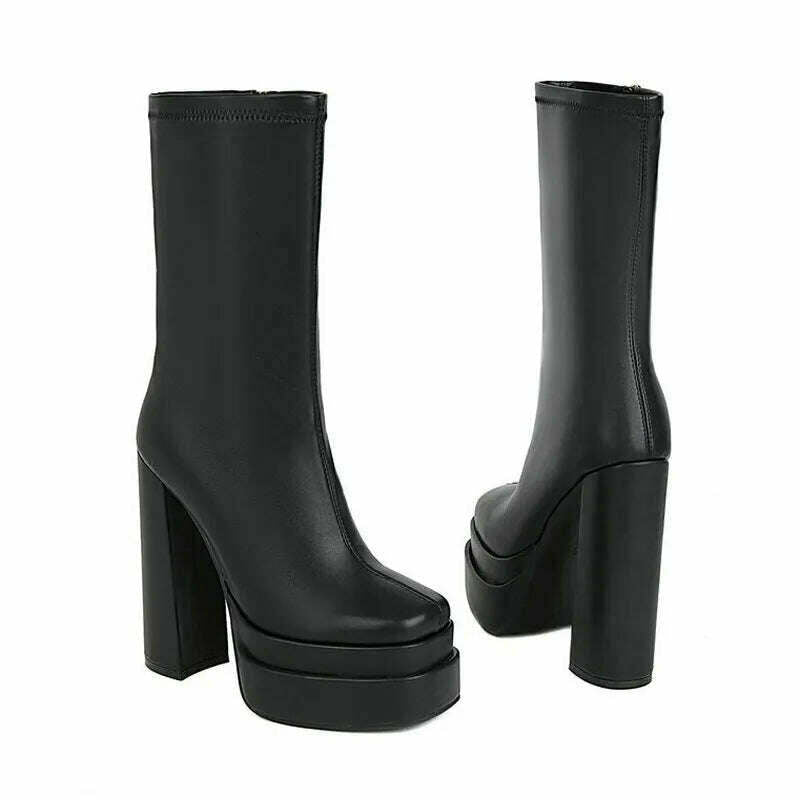 2021 Women Ankle Boots Platform Thick High Heel Ladies Motorcycle Boots Patent PU Leather Zipper Square Toe Women's Boots Black - KIMLUD