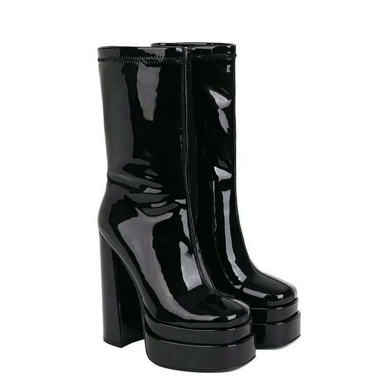KIMLUD, 2021 Women Ankle Boots Platform Thick High Heel Ladies Motorcycle Boots Patent PU Leather Zipper Square Toe Women's Boots Black, KIMLUD Womens Clothes