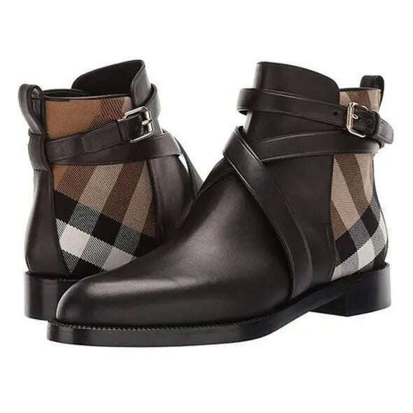 KIMLUD, 2021 Women Pu Leather Boots Buckle Design Plaid Ankle High Fashion  Boots Casual Top Quality Low Heel Assorted Male Boots, KIMLUD Womens Clothes
