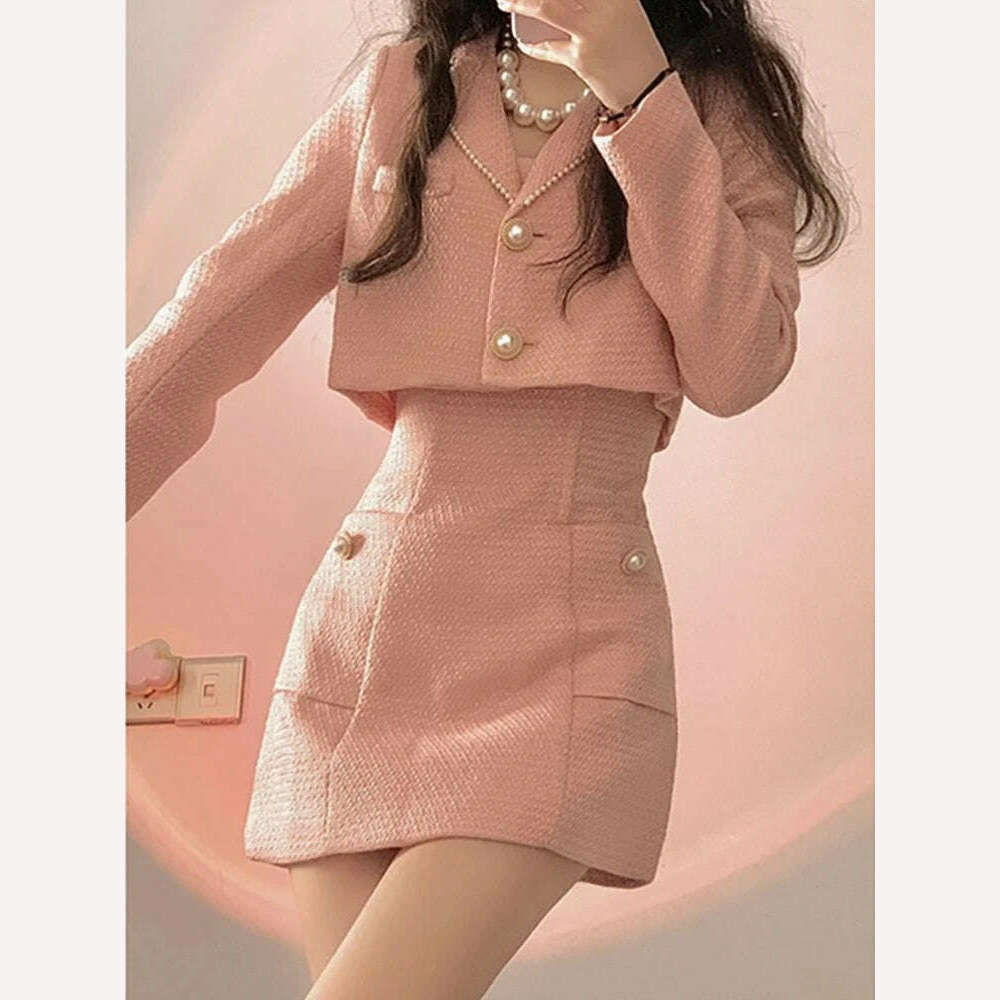 KIMLUD, 2022 Autumn Pink Elegant Two Piece Set Women Korean Style Balzer Coat+Strap Mini Dress Set Female Solid Casual Slim Designer Set, KIMLUD Womens Clothes