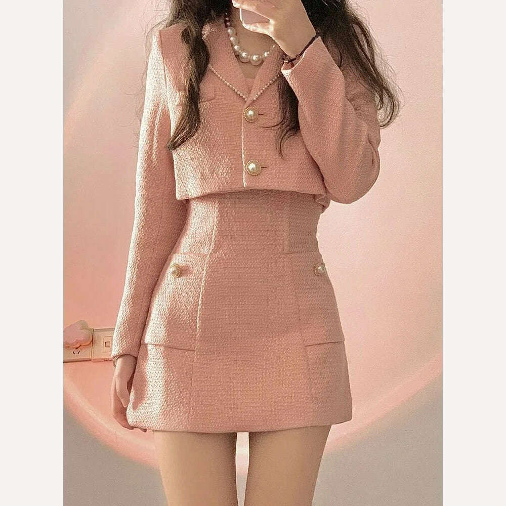 KIMLUD, 2022 Autumn Pink Elegant Two Piece Set Women Korean Style Balzer Coat+Strap Mini Dress Set Female Solid Casual Slim Designer Set, KIMLUD Womens Clothes