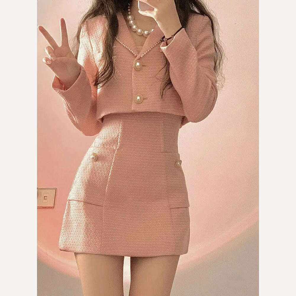 KIMLUD, 2022 Autumn Pink Elegant Two Piece Set Women Korean Style Balzer Coat+Strap Mini Dress Set Female Solid Casual Slim Designer Set, KIMLUD Womens Clothes