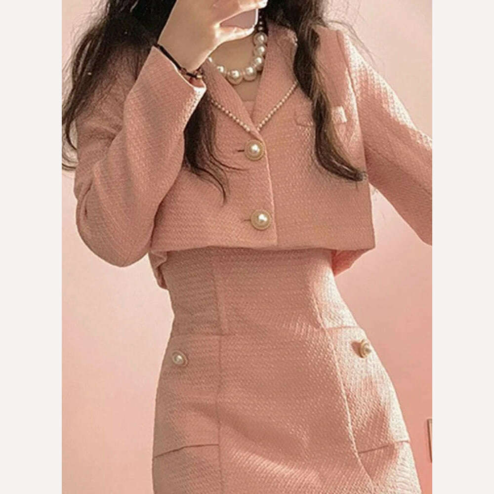 KIMLUD, 2022 Autumn Pink Elegant Two Piece Set Women Korean Style Balzer Coat+Strap Mini Dress Set Female Solid Casual Slim Designer Set, KIMLUD Womens Clothes