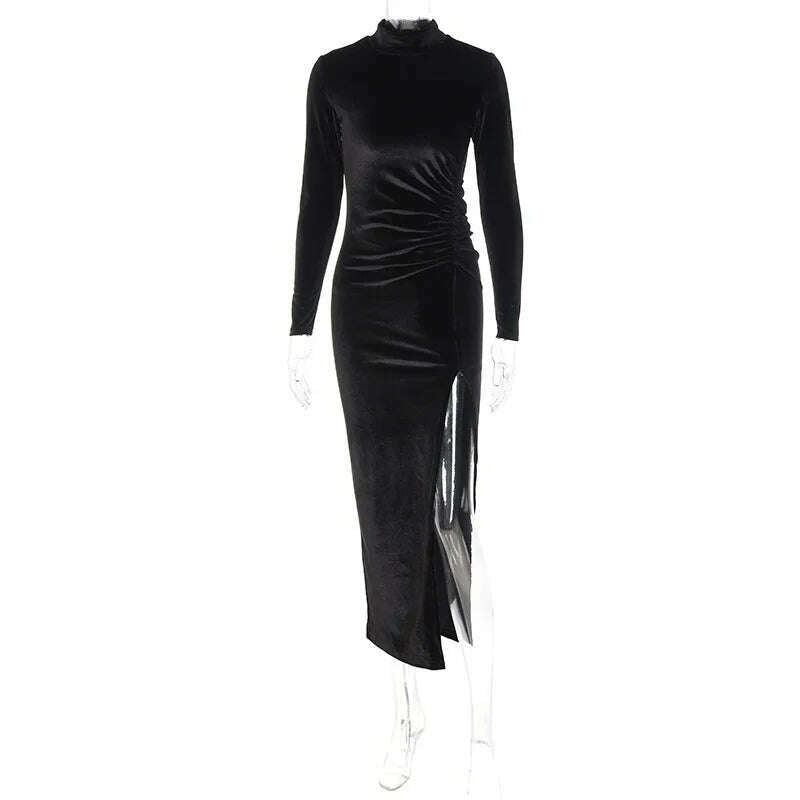2022 Autumn Winter Women Solid Velvet Long Sleeve Ruched Midi Dress Side Slit Bodycon Sexy Streetwear Party Elegant Club - KIMLUD