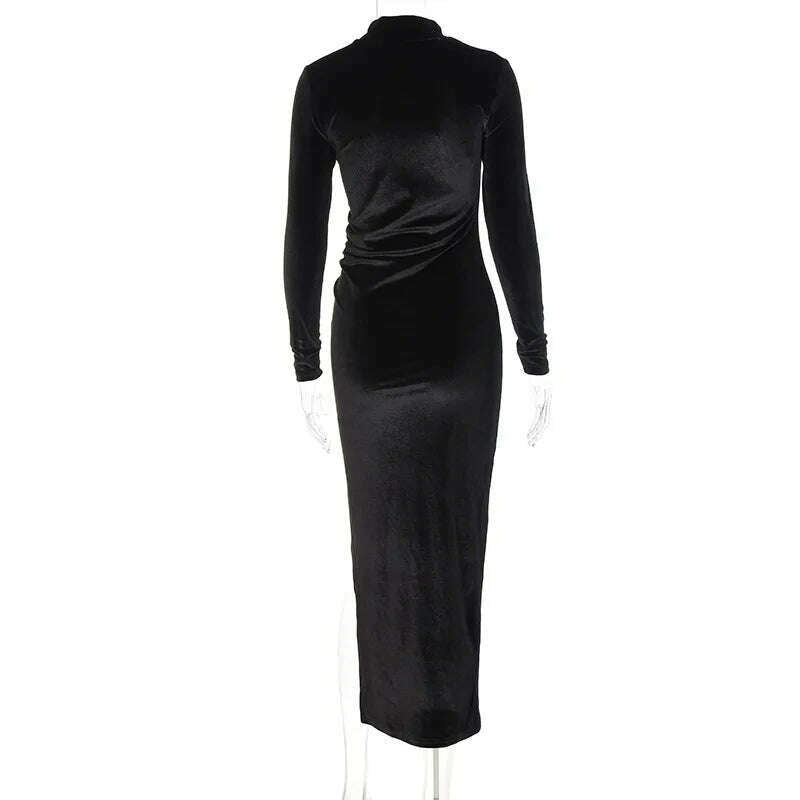 2022 Autumn Winter Women Solid Velvet Long Sleeve Ruched Midi Dress Side Slit Bodycon Sexy Streetwear Party Elegant Club - KIMLUD