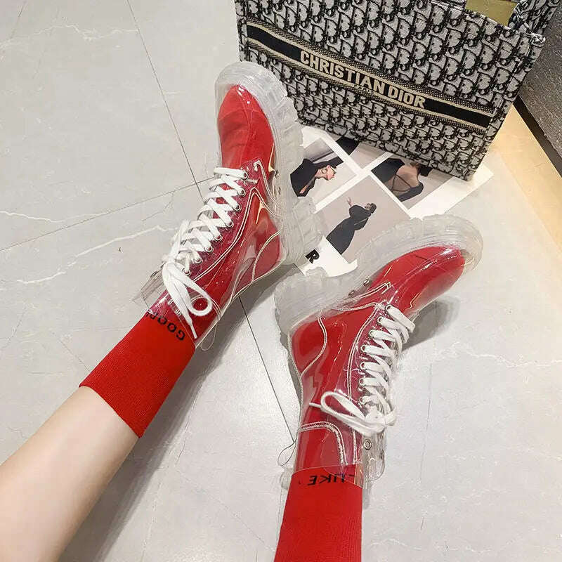 KIMLUD, 2022 Cool Fashion Women Transparent Platform Boots Waterproof Ankle Boots Feminine Clear Heel Short Boots Sexy Female Rain Shoes, Red / 35, KIMLUD Women's Clothes