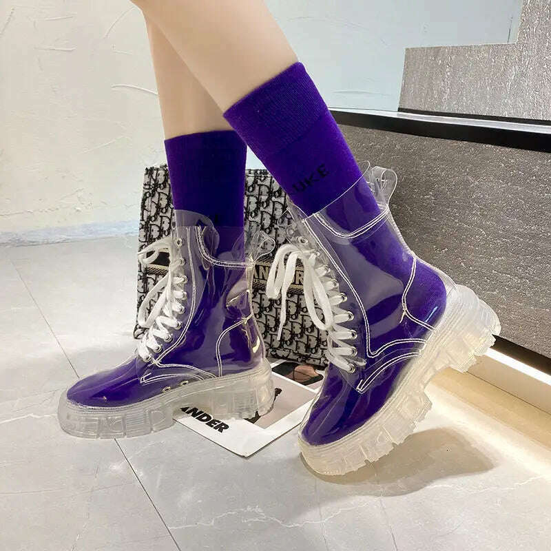 KIMLUD, 2022 Cool Fashion Women Transparent Platform Boots Waterproof Ankle Boots Feminine Clear Heel Short Boots Sexy Female Rain Shoes, Purple / 35, KIMLUD Womens Clothes