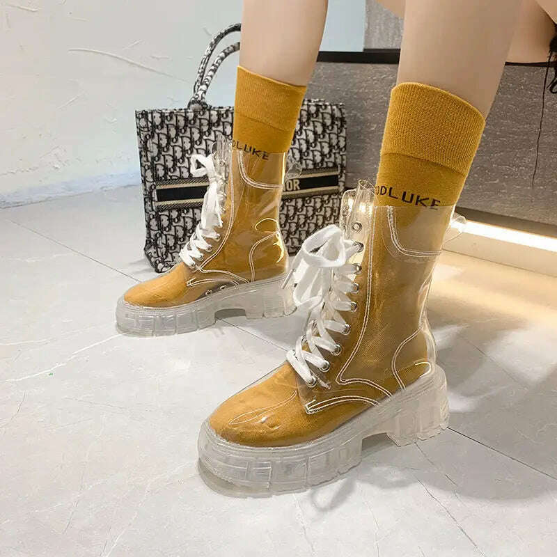 KIMLUD, 2022 Cool Fashion Women Transparent Platform Boots Waterproof Ankle Boots Feminine Clear Heel Short Boots Sexy Female Rain Shoes, Yellow / 35, KIMLUD Women's Clothes
