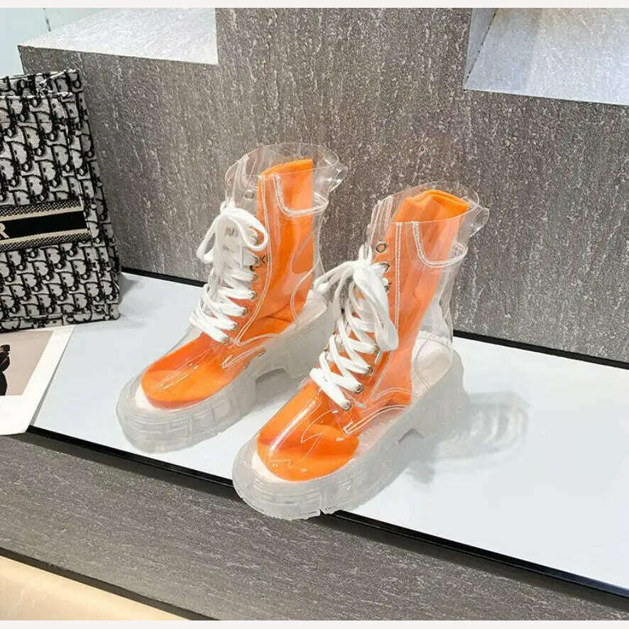 KIMLUD, 2022 Cool Fashion Women Transparent Platform Boots Waterproof Ankle Boots Feminine Clear Heel Short Boots Sexy Female Rain Shoes, Orange / 35, KIMLUD Womens Clothes