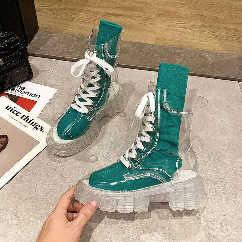 KIMLUD, 2022 Cool Fashion Women Transparent Platform Boots Waterproof Ankle Boots Feminine Clear Heel Short Boots Sexy Female Rain Shoes, Grass green / 35, KIMLUD Women's Clothes
