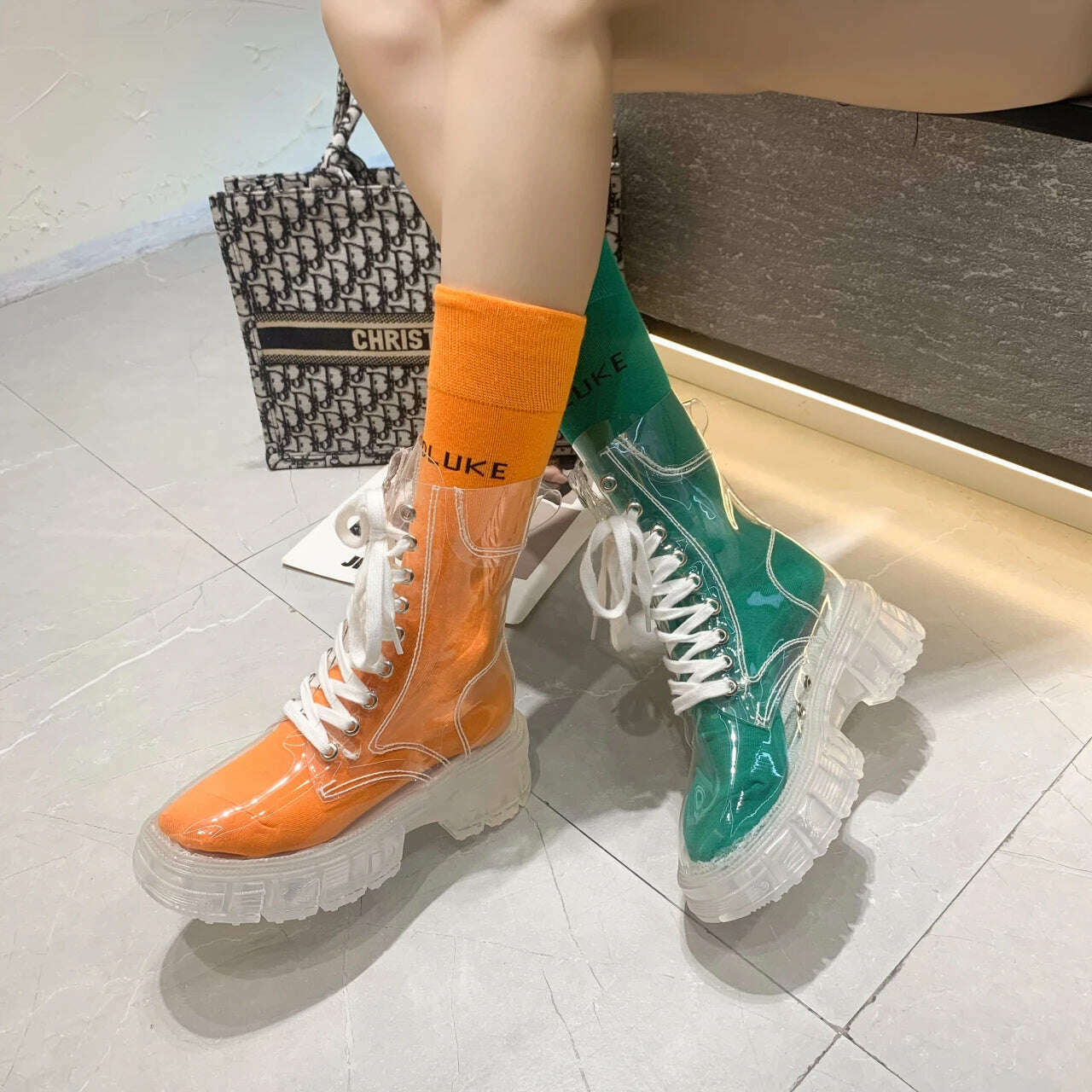 KIMLUD, 2022 Cool Fashion Women Transparent Platform Boots Waterproof Ankle Boots Feminine Clear Heel Short Boots Sexy Female Rain Shoes, KIMLUD Womens Clothes