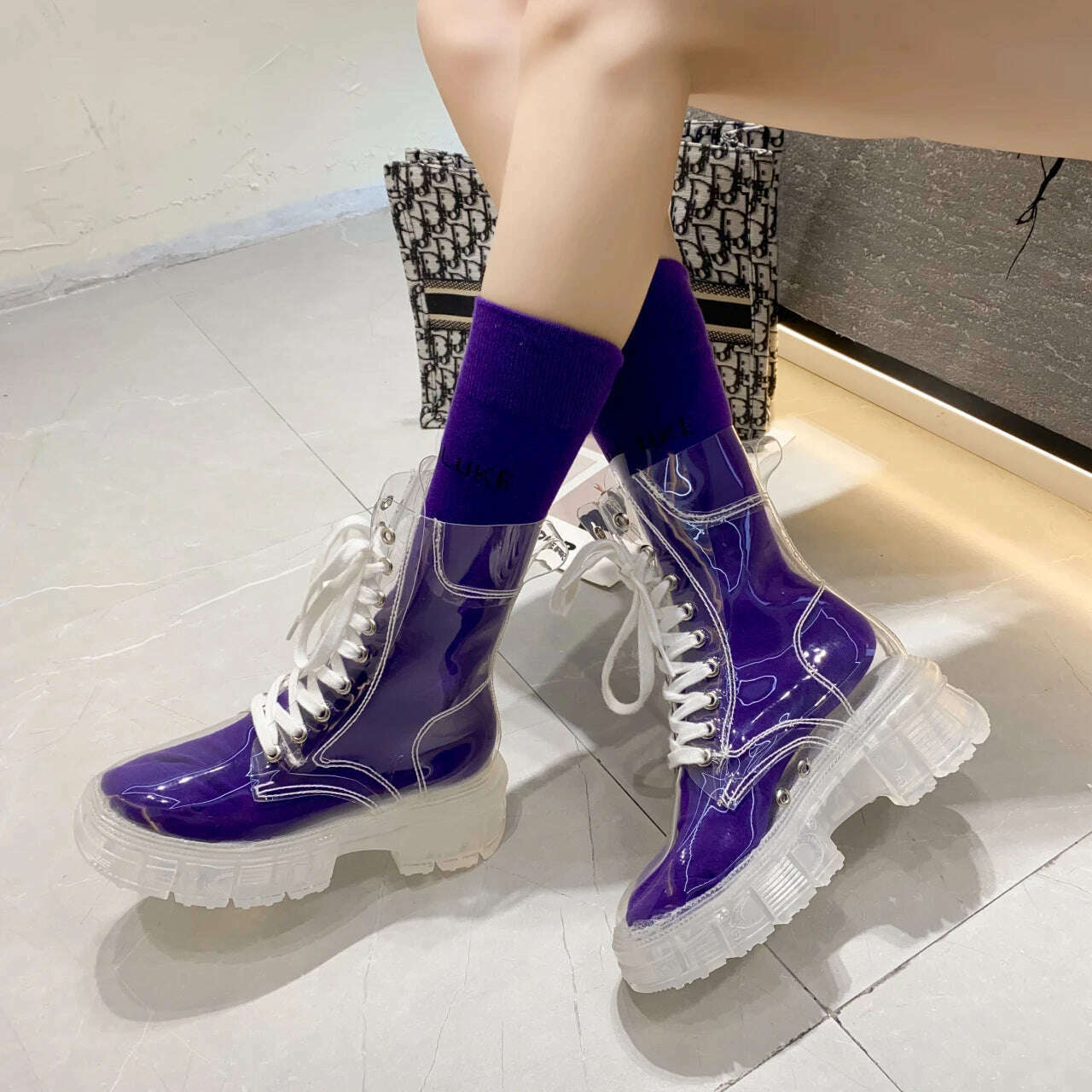 KIMLUD, 2022 Cool Fashion Women Transparent Platform Boots Waterproof Ankle Boots Feminine Clear Heel Short Boots Sexy Female Rain Shoes, KIMLUD Womens Clothes