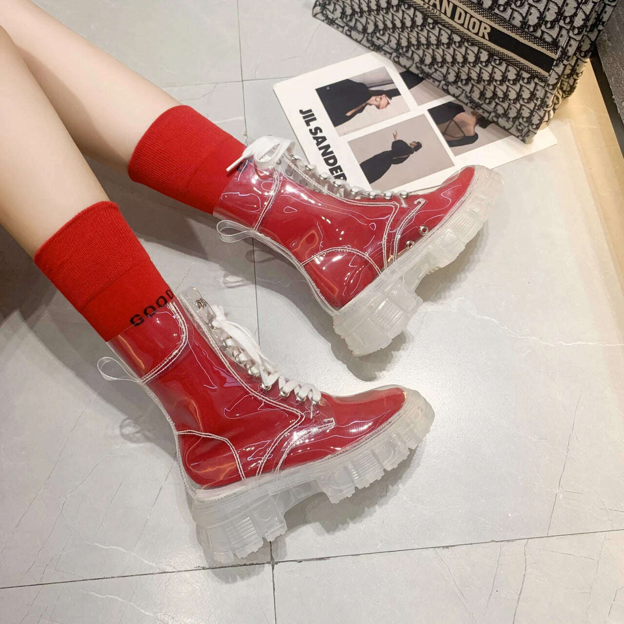 KIMLUD, 2022 Cool Fashion Women Transparent Platform Boots Waterproof Ankle Boots Feminine Clear Heel Short Boots Sexy Female Rain Shoes, KIMLUD Womens Clothes