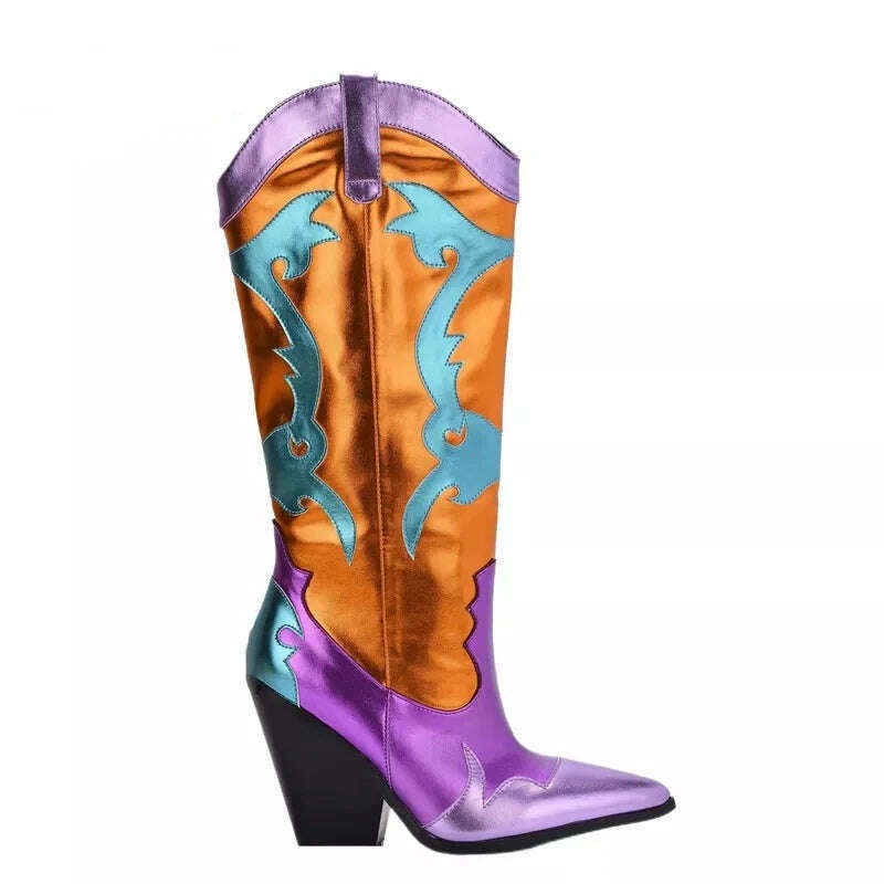 KIMLUD, 2022 Fall Winter Women Patchwork Boots Shiny Metallic Leather Knee High Boots Pointy Toe Western Cowboy Boots Zapatos De Mujer, KIMLUD Womens Clothes
