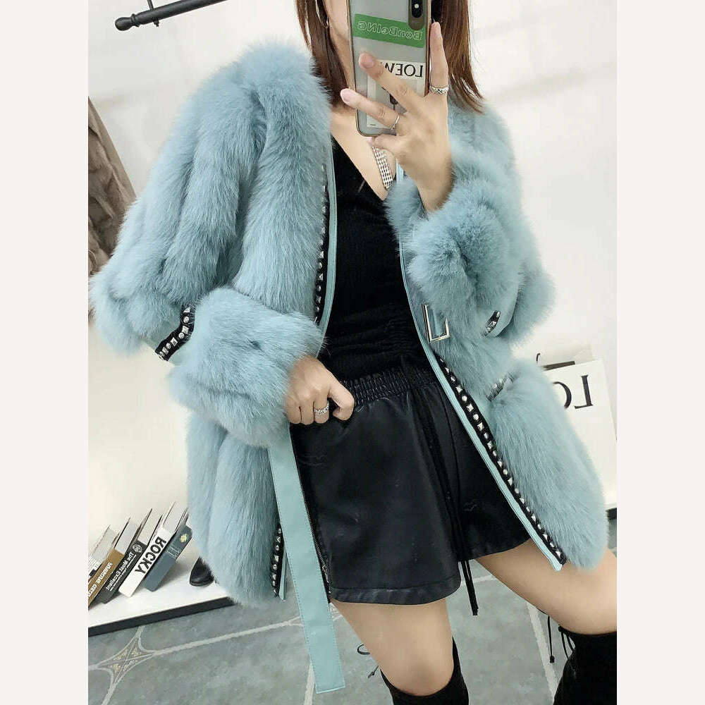 KIMLUD, 2022 Fashion Fox Fur Coat For Women Natural Whole Skin Genuine Fox Fur Jackets Stitching Riveting And Diamonds Silm Overcoats, KIMLUD Womens Clothes