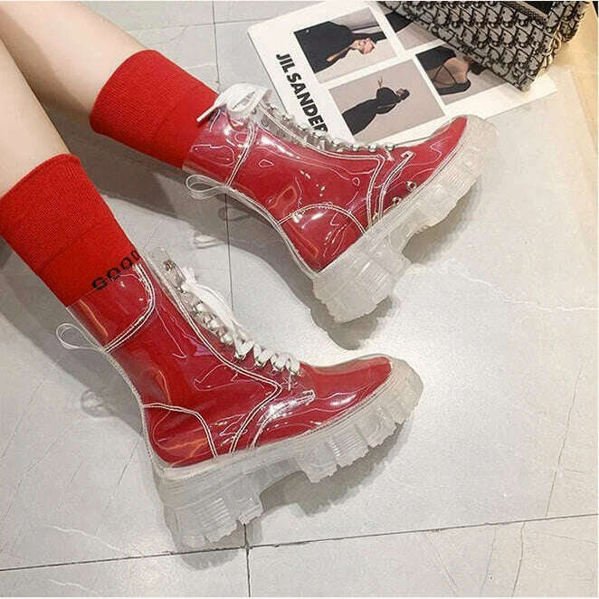 KIMLUD, 2022 Fashion Women Pu Transparent Platform Boots Waterproof Ankle Boots Feminine Clear Thick Bottom Rainboots Sexy Female Shoes, Red / 35, KIMLUD Women's Clothes