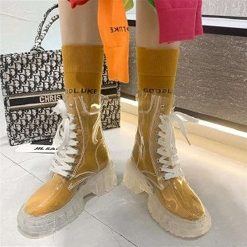 KIMLUD, 2022 Fashion Women Pu Transparent Platform Boots Waterproof Ankle Boots Feminine Clear Thick Bottom Rainboots Sexy Female Shoes, Yellow / 35, KIMLUD Womens Clothes