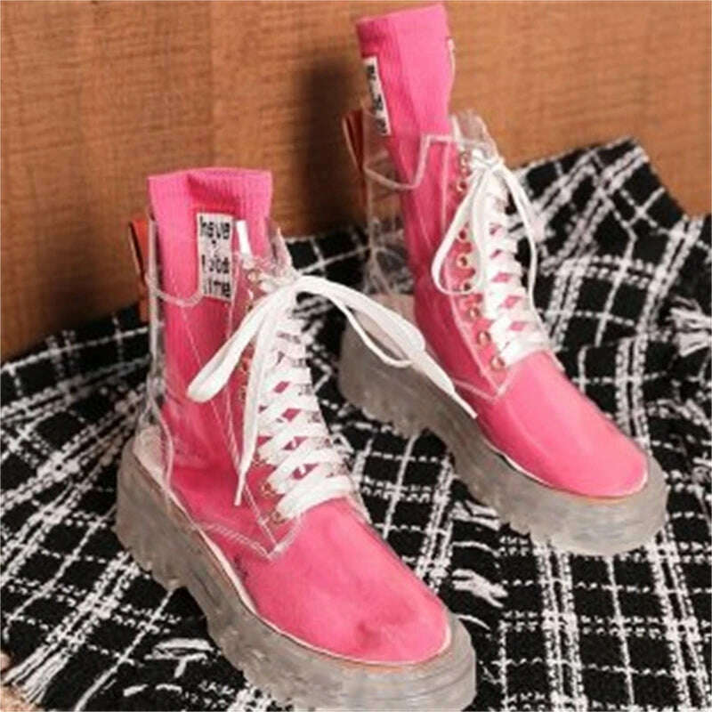 KIMLUD, 2022 Fashion Women Pu Transparent Platform Boots Waterproof Ankle Boots Feminine Clear Thick Bottom Rainboots Sexy Female Shoes, Pink / 35, KIMLUD Women's Clothes
