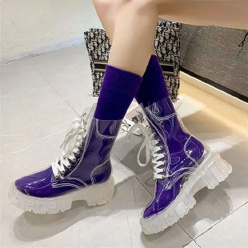 KIMLUD, 2022 Fashion Women Pu Transparent Platform Boots Waterproof Ankle Boots Feminine Clear Thick Bottom Rainboots Sexy Female Shoes, Purple / 35, KIMLUD Womens Clothes