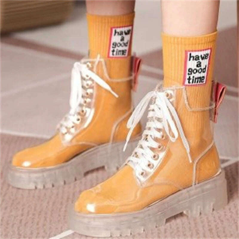 KIMLUD, 2022 Fashion Women Pu Transparent Platform Boots Waterproof Ankle Boots Feminine Clear Thick Bottom Rainboots Sexy Female Shoes, Orange / 35, KIMLUD Womens Clothes