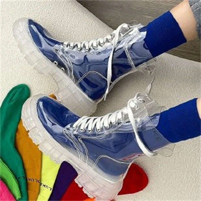 KIMLUD, 2022 Fashion Women Pu Transparent Platform Boots Waterproof Ankle Boots Feminine Clear Thick Bottom Rainboots Sexy Female Shoes, Blue / 35, KIMLUD Women's Clothes