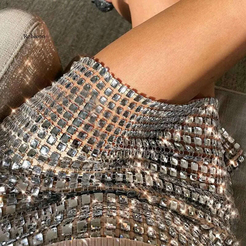 2022 Fashion Women Spring New Solid Color Silver Sequin Stitching Casual Mesh Slim Bodycon Mini Skirt Sexy Club Outfits, KIMLUD Women's Clothes