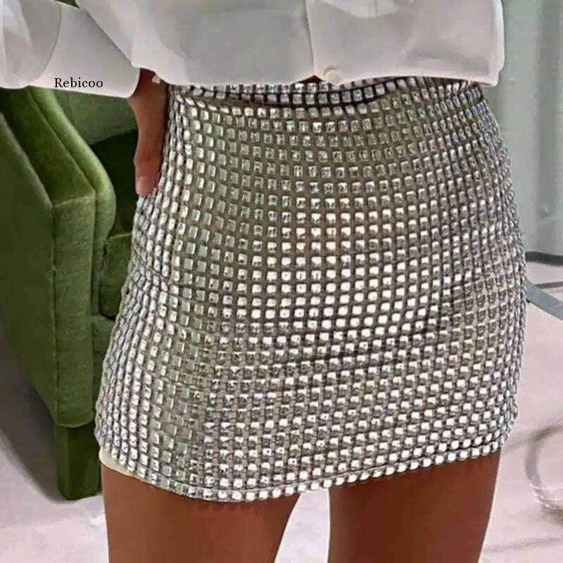 KIMLUD, 2022 Fashion Women Spring New Solid Color Silver Sequin Stitching Casual Mesh Slim Bodycon Mini Skirt Sexy Club Outfits, KIMLUD Womens Clothes