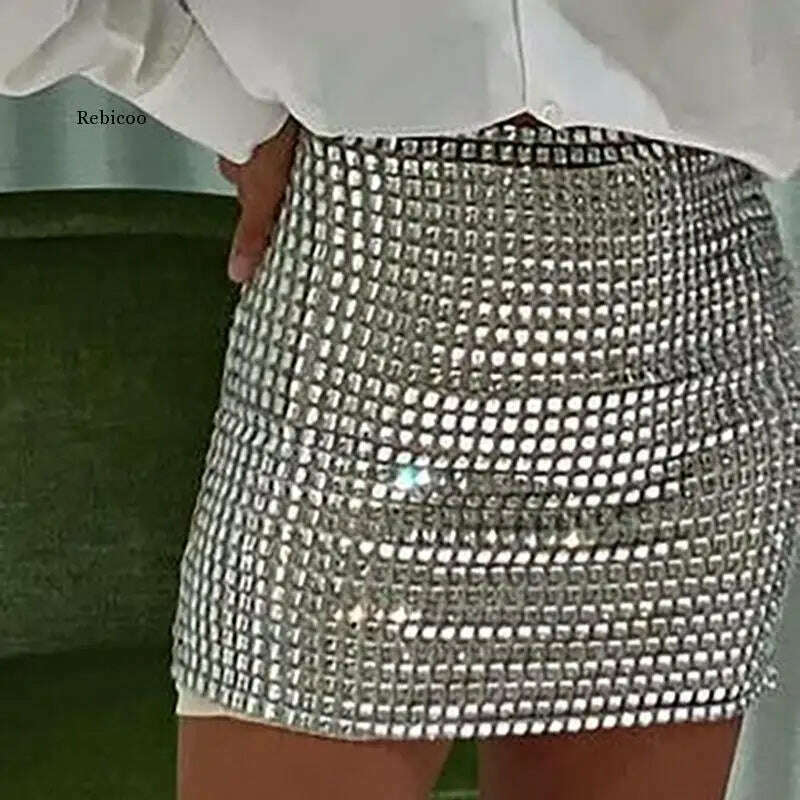 2022 Fashion Women Spring New Solid Color Silver Sequin Stitching Casual Mesh Slim Bodycon Mini Skirt Sexy Club Outfits, KIMLUD Women's Clothes