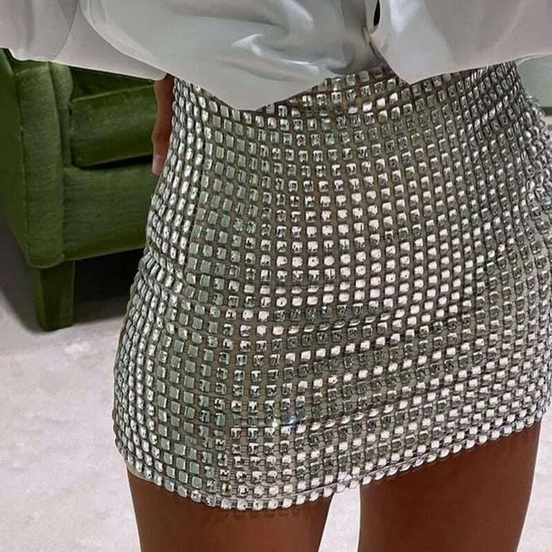 KIMLUD, 2022 Fashion Women Spring New Solid Color Silver Sequin Stitching Casual Mesh Slim Bodycon Mini Skirt Sexy Club Outfits, KIMLUD Womens Clothes