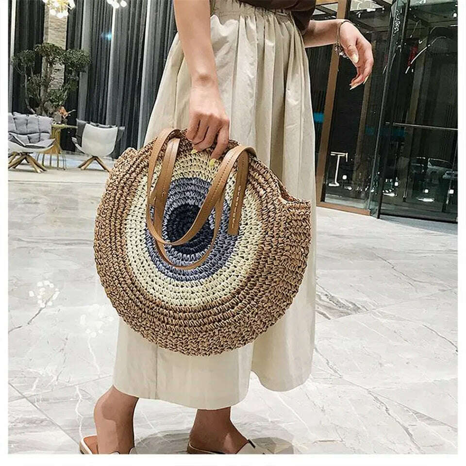 KIMLUD, 2022 Large Capacity Round Zipper Fashionable Straw Woven Bag Handmade Summer Beach Travel Holiday Women Bags, KIMLUD Womens Clothes