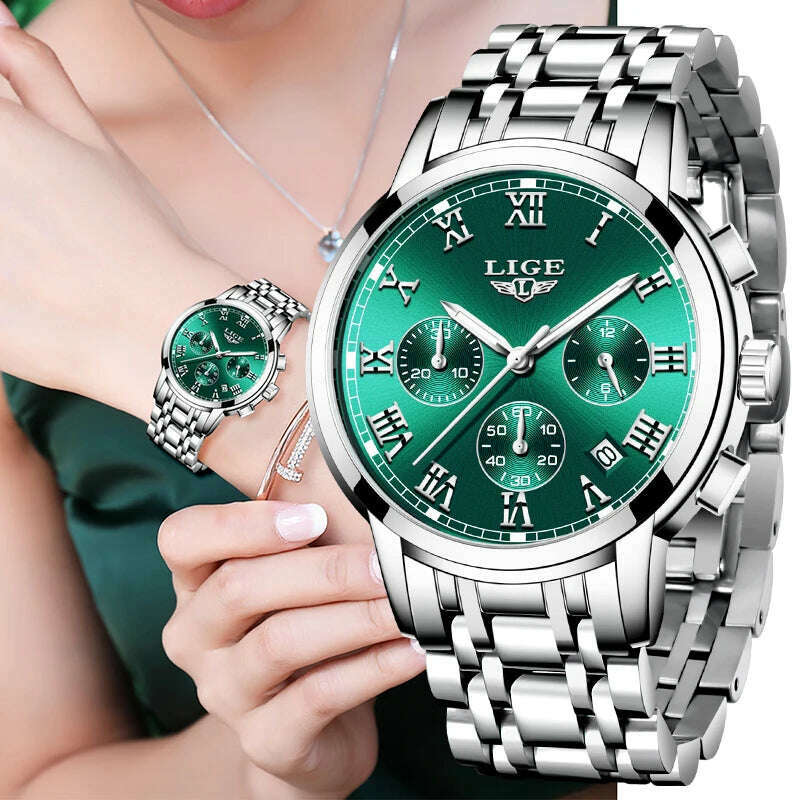 2022 LIGE Ladies Watches Top Brand Luxury Fashion Stainless Steel Watch Women Chronograph Quartz Clock Waterproof Wristwatch+Box - KIMLUD