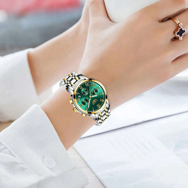 KIMLUD, 2022 LIGE Ladies Watches Top Brand Luxury Fashion Stainless Steel Watch Women Chronograph Quartz Clock Waterproof Wristwatch+Box, gold green / China, KIMLUD Women's Clothes