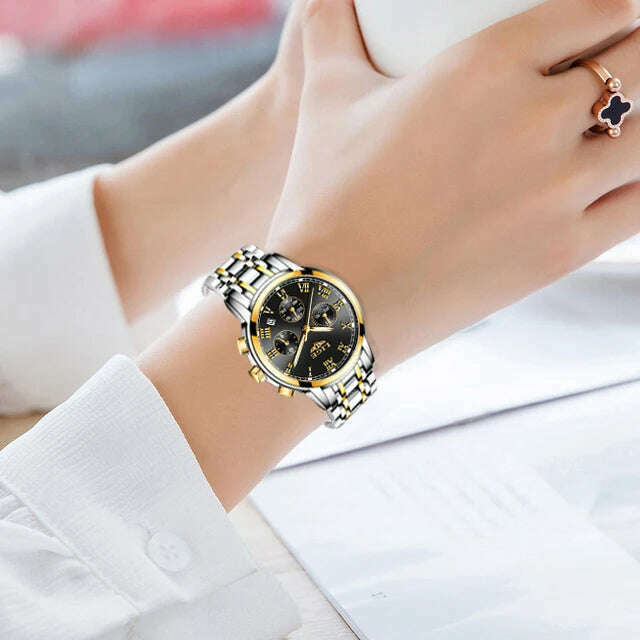 KIMLUD, 2022 LIGE Ladies Watches Top Brand Luxury Fashion Stainless Steel Watch Women Chronograph Quartz Clock Waterproof Wristwatch+Box, gold black / China, KIMLUD Women's Clothes