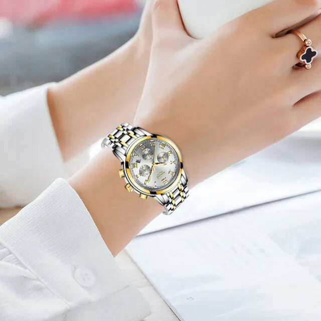 KIMLUD, 2022 LIGE Ladies Watches Top Brand Luxury Fashion Stainless Steel Watch Women Chronograph Quartz Clock Waterproof Wristwatch+Box, gold white / China, KIMLUD Womens Clothes