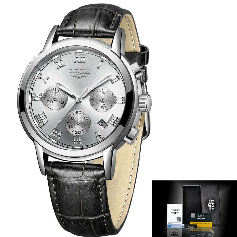 KIMLUD, 2022 LIGE Ladies Watches Top Brand Luxury Fashion Stainless Steel Watch Women Chronograph Quartz Clock Waterproof Wristwatch+Box, Leather silver white / China, KIMLUD Women's Clothes