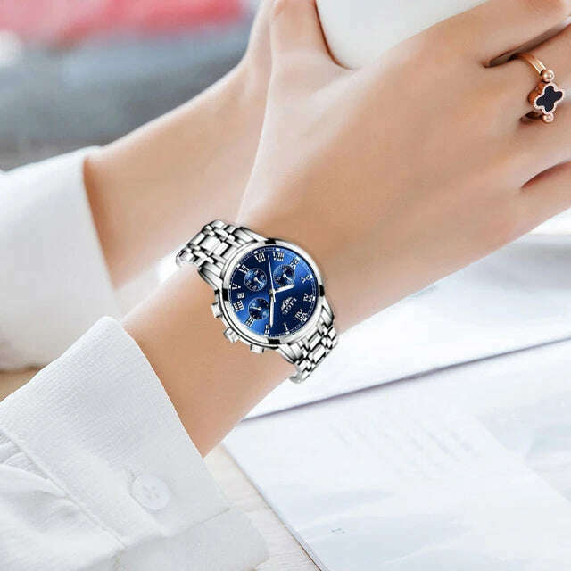 KIMLUD, 2022 LIGE Ladies Watches Top Brand Luxury Fashion Stainless Steel Watch Women Chronograph Quartz Clock Waterproof Wristwatch+Box, silver blue / China, KIMLUD Women's Clothes