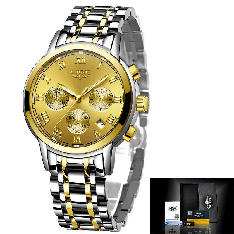 KIMLUD, 2022 LIGE Ladies Watches Top Brand Luxury Fashion Stainless Steel Watch Women Chronograph Quartz Clock Waterproof Wristwatch+Box, silver gold / China, KIMLUD Women's Clothes