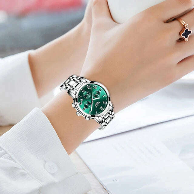 KIMLUD, 2022 LIGE Ladies Watches Top Brand Luxury Fashion Stainless Steel Watch Women Chronograph Quartz Clock Waterproof Wristwatch+Box, silver green / China, KIMLUD Women's Clothes